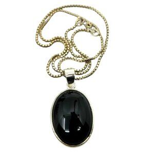 STERLING SILVER BLACK ONYX OVAL PENDANT CHAIN NECKLACE VINTAGE
